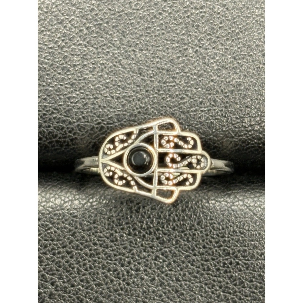 New Condition Sterling Silver Genuine Onyx Hansa Ring Size 7 E5